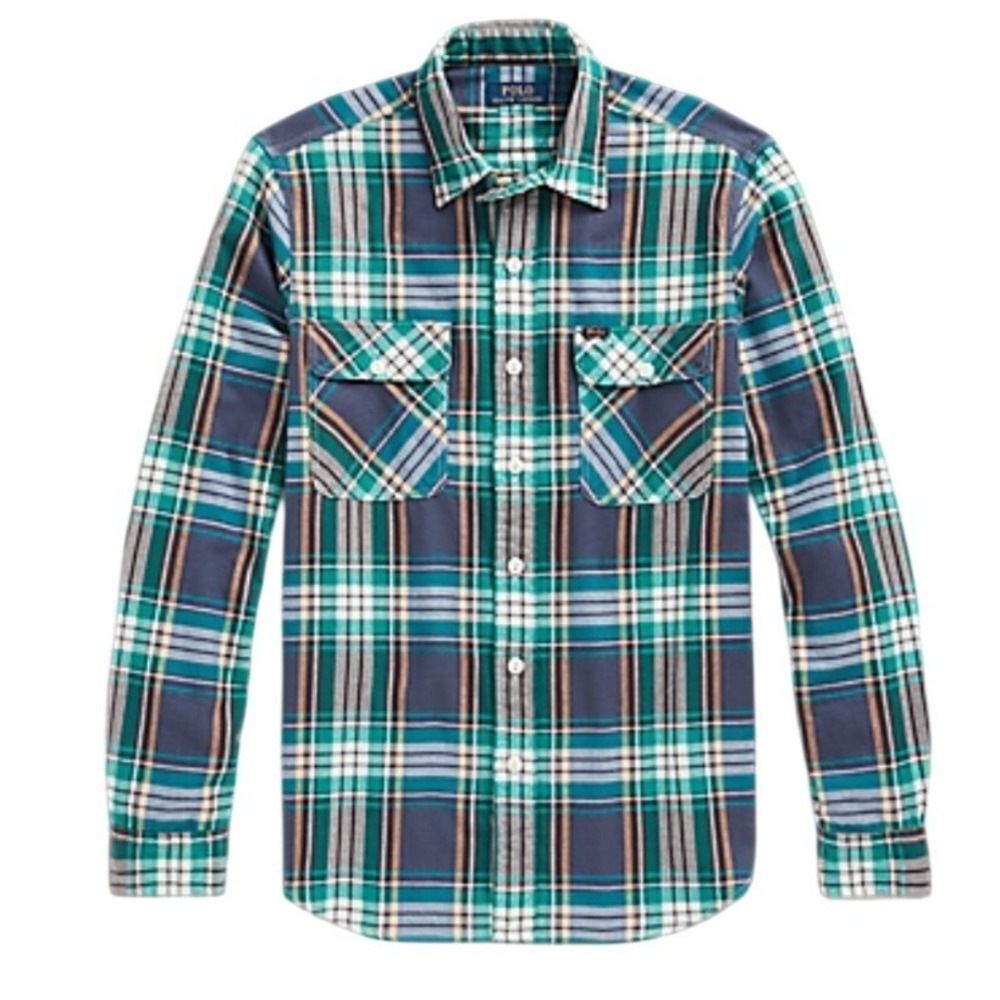 Polo Ralph Lauren‎ Mens Classic Fit Plaid Twill Workshirt Medium Green Blue $125